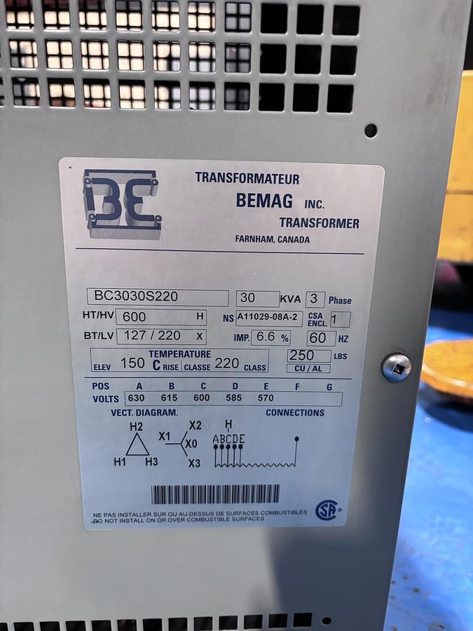 Used BEMAG TRANSFORMER 30KVA (600V- 208/120V)