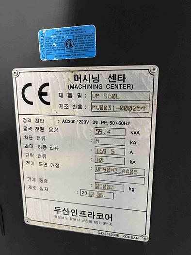 Used 2012 DOOSAN VM960L VERTICAL MACHINING CENTER