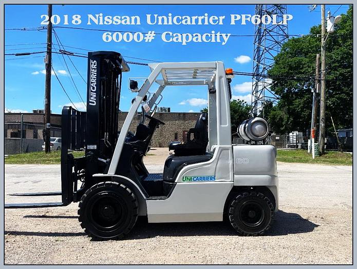 Used 2018 Nissan Unicarrier Forklift, Model PF60LP, 6000# Capacity, 189" 3 Stage Mast, Side Shift and Fork Positioner.
