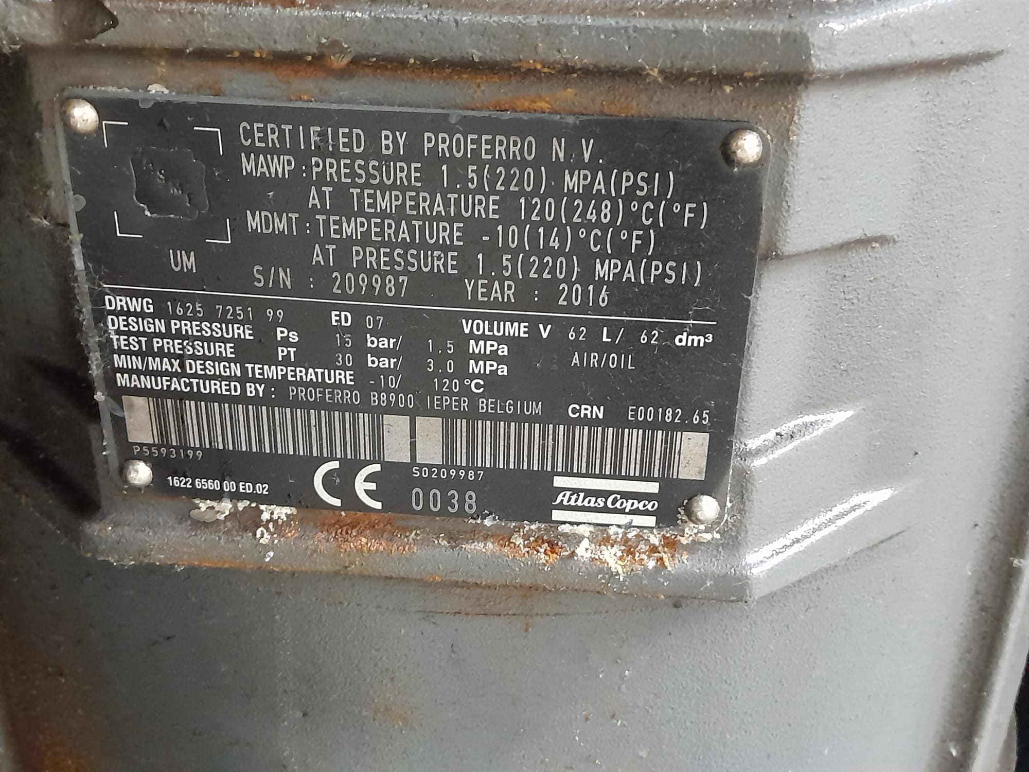 Used 2016 Atlas Copco GA75 VSD FF c/w Built in Air Dryer