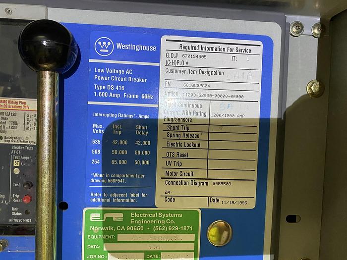 Used DS CUTLER-HAMMER LOW VOLTAGE AC POWER CIRCUIT BREAKERS 1200 AMP