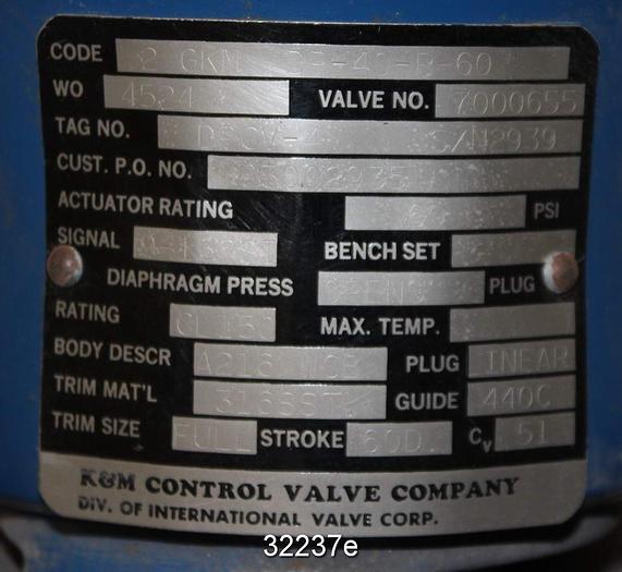 Unused KandM 2GKM DR-40-R-60 2" Control Plug Valve #32237