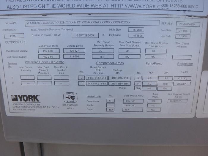Used York YLAA0170SE46X Rooftop Chiller