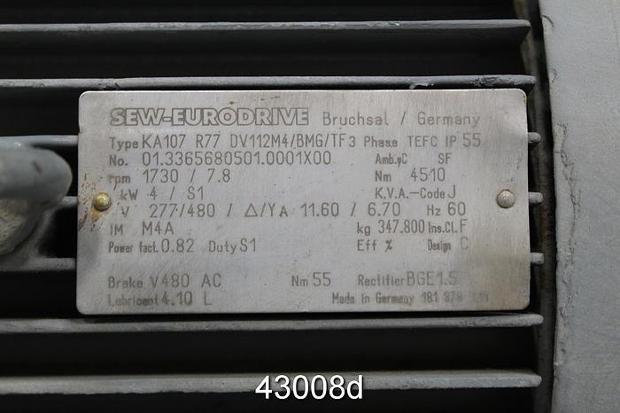 Unused Sew-Eurodrive 4 Kw (5.36 Hp) A/C Motor, 1730 Rpm, 277/480 Volts #43008