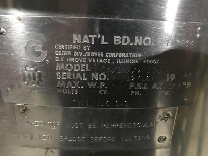 Used GROEN DN/INA/2-150 DIRECT STEAM 150 GAL. TILTING COOKER/MIXER, AGITATION & SCRAPE SURFACE, 3" DISCHARGE VALVE. DN/INA/2-150 only @ AMERICA'S STEAM KETTLE HEADQUARTERS !