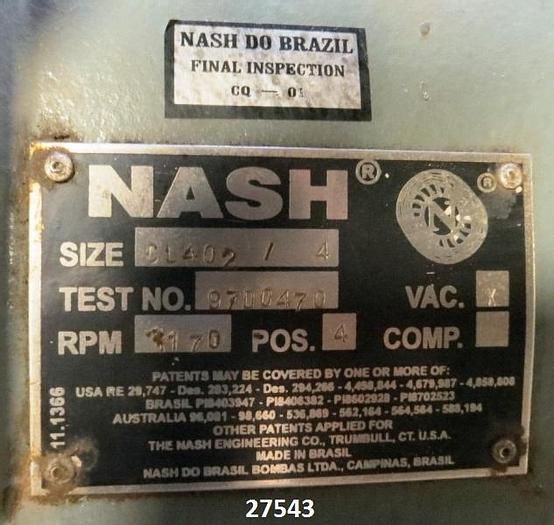 Used Nash CL402 Nash  Vacuum Pump Cl402, Cast Iron Casing, Cast Iron Impeller, 1170 Rpm, Position 4, Store Room Spare, Not Run. #27543