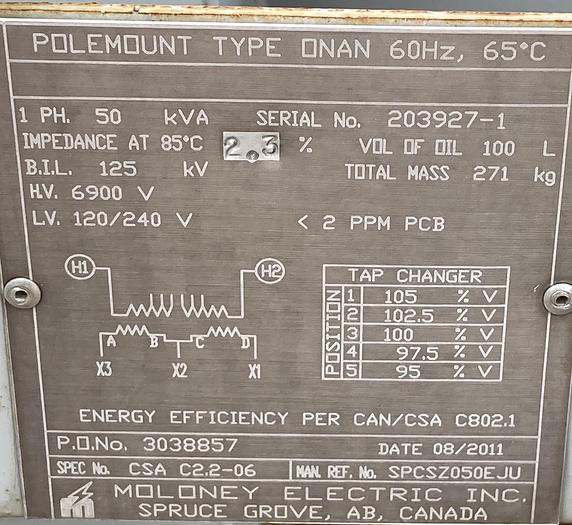 Used 2011 HD Supply Utilities 50 kVA Single Phase Pole Mounted Transformer