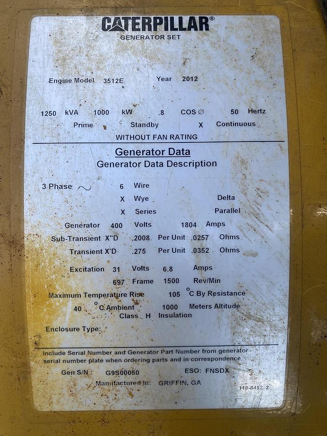Used 2012 Caterpillar G3512E - 1000 KWe