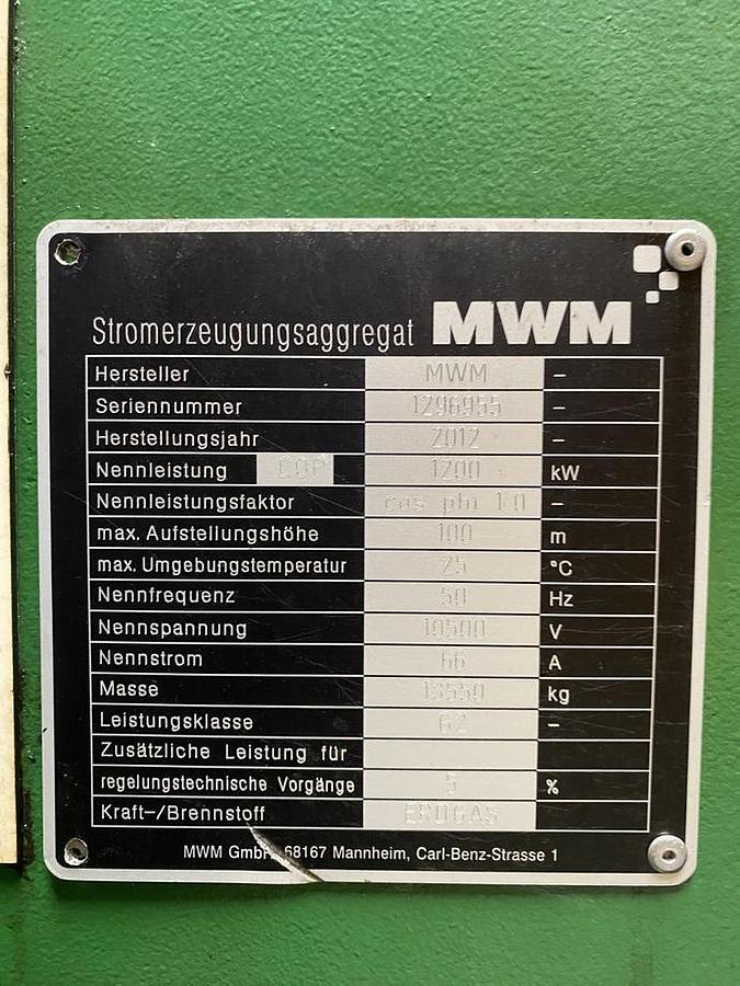 Used 2012 MWM TCG2020V12 - 1200 KWe