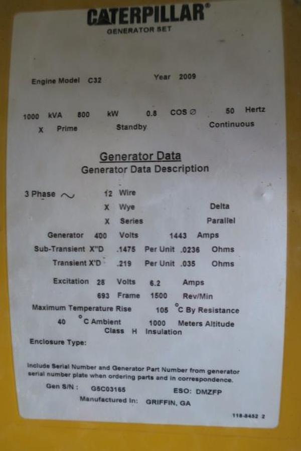 Used 2009 Caterpillar C32 - 1000/1100 KVA