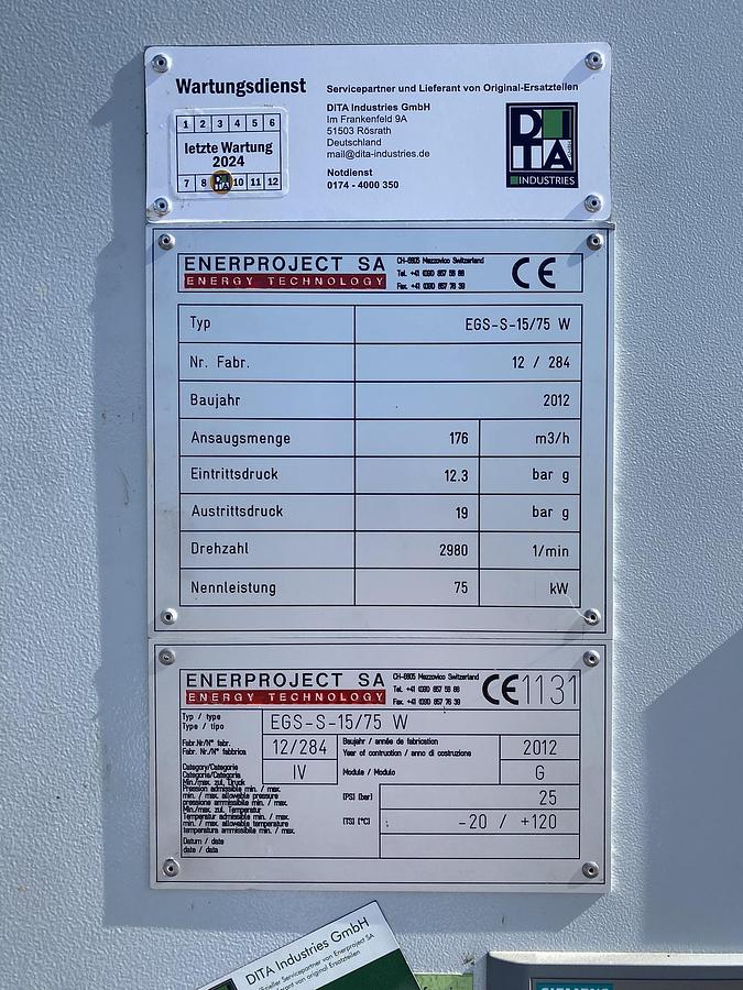 Used 2012 gas compressor Enerprojekt EGS-S-15/75W