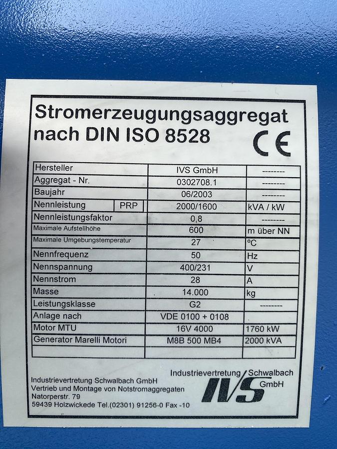 Used 2003 MTU 16V4000 - 2000/2200 KVA