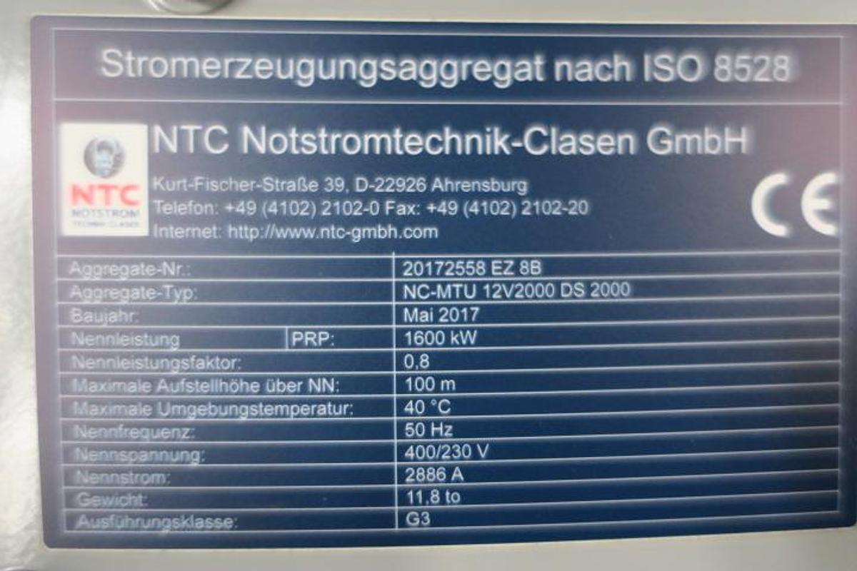 Used 2017 MTU 12V4000G63 - 2000 KVA