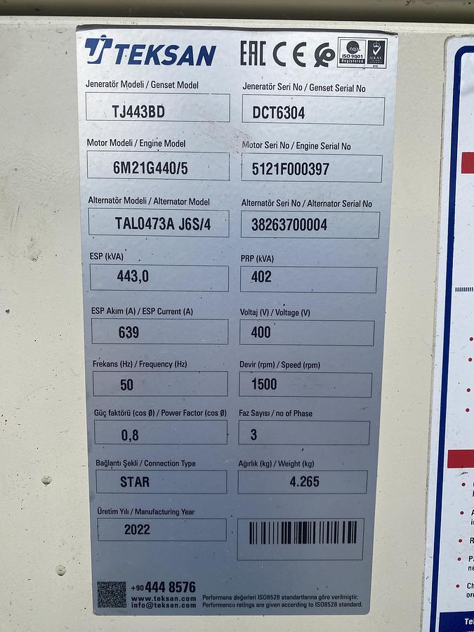 Used 2022 Baudouin TJ443BD - 402/443 KVA