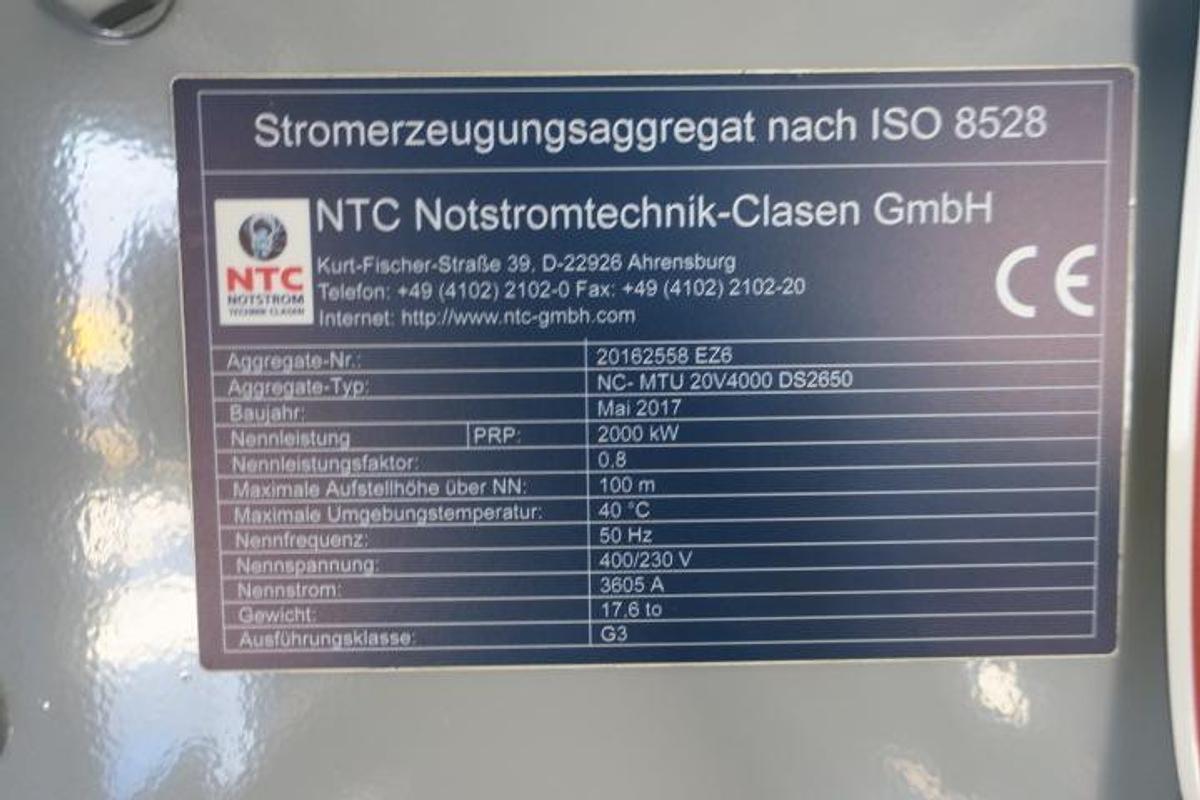 Used 2017 MTU 20V4000G23 - 2500 KVA