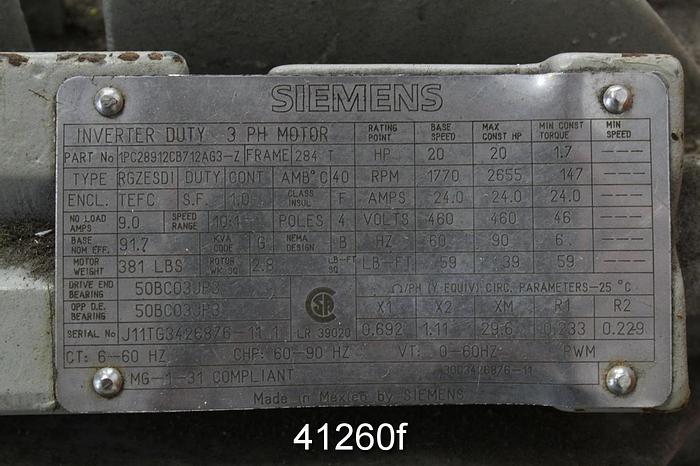 Used Siemens RGZESDI A/C Motor, 20Hp, 1770/2655Rpm, 460Volts #41260