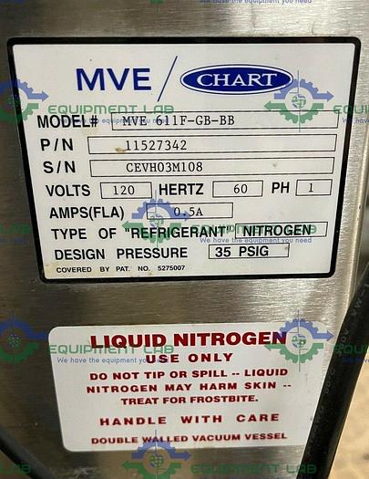 Used CHART MVE 611  Liquid Nitrogen Cryogenic Storage Tank w/ TEC 3000