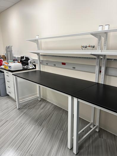 Recycled Labs Metal Frame table with 3/4 " phenolic top,  adjustable 2 tier laminate shelving
