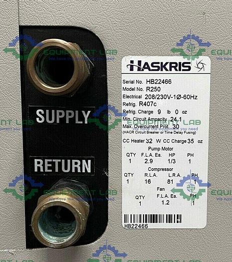 Used HASKRIS R250 7.5 KW Process Chiller Temperature Range 55-72 S/N HB22466