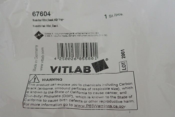 Used Vitlab 67604 Volumetric Flask, 1000ml, Class A, Box of 3