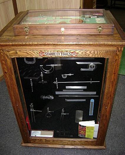 Used 5526-385 Antique Original Oak Starrett Tools Display Cabinet with Tool Collection