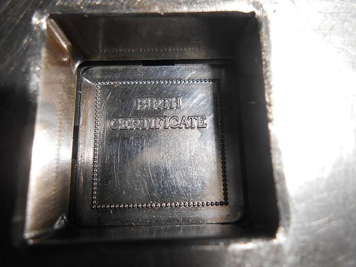Used 7399-390 Die Set Makes a SquarePendant with “Birth Certificate” Stamp