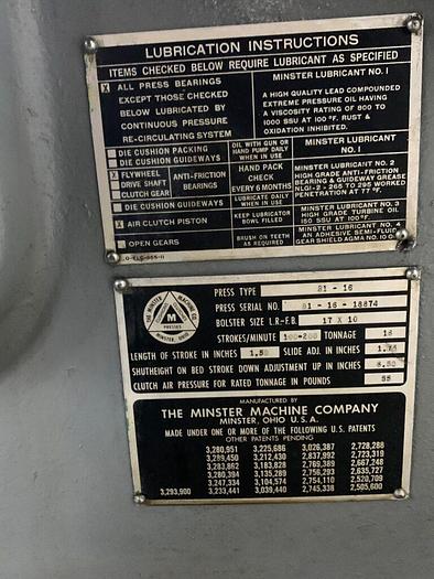 Used 5913-220 Minster Model B1-16, 16 Ton Punch Press, Stamping Press, Air Clutch-Brake / Roll Feed