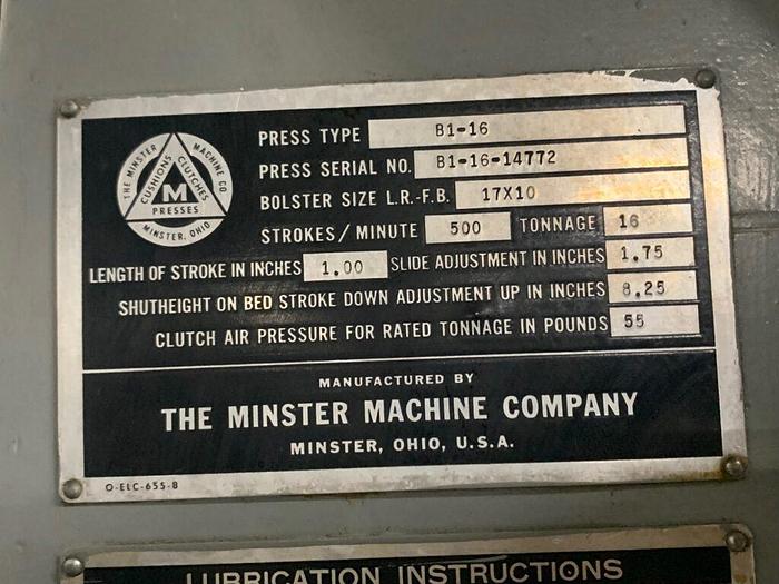 Used 5912-220 Minster Press 16 Ton Type B1-16 1″ Stroke OBI Air Clutch/Air Brake Stamping Press