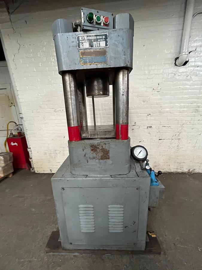 Used M&N Modern 500 Ton Clifton 4 Post Up Acting Hydraulic Hobbing Press, Metal Forming Copper Steel Gold