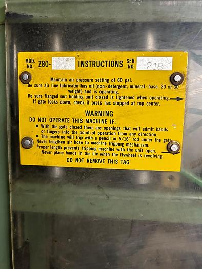 Used Drop Hammer #10 DA Pneumatic Double Action Gravity Drop With Z-80 Safety Gate