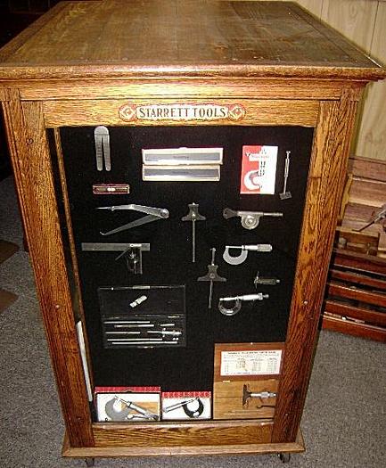 Used 5526-385 Antique Original Oak Starrett Tools Display Cabinet with Tool Collection
