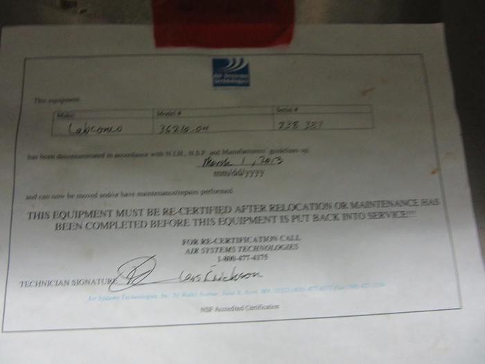 Used 2001-700 LABCONCO CHEMICAL LAB FUME SAFETY EXHAUSTHOOD PURIFIER CLASS 11