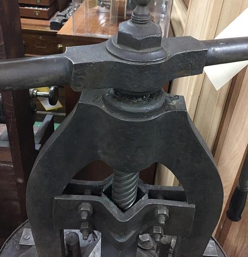 Used 2644-385 Antique Rare Hand Operated Screw/Fly Press with Round Wood Base Circa 1880