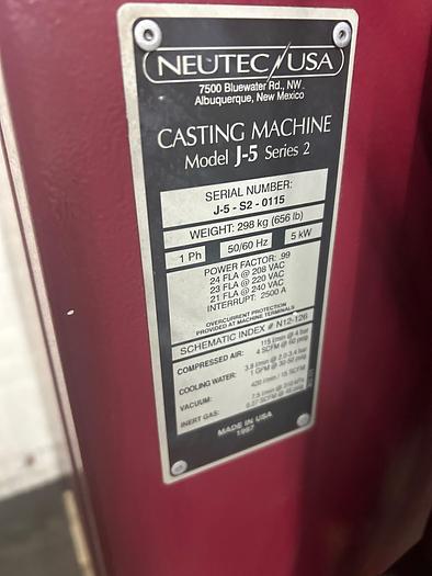 Used Neutec J5 -Series 2 Vacuum Induction Casting Machine Neutec / USA