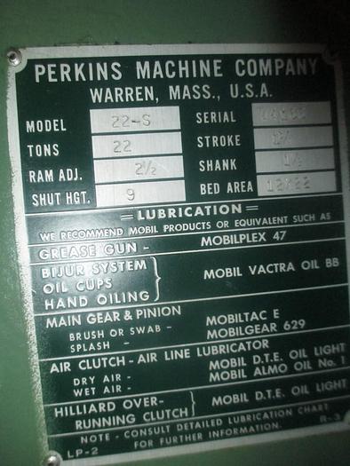 Used 1687-230 Perkins 22 Ton HIGH SPEED Gap Frame, High Speed Flywheel  Power Press, Model 22-S