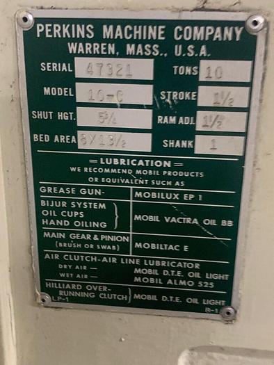 Used 5914-230 Perkins Model 10-C 10 Ton OBI Punch Press, Air Trip Mechanical Clutch