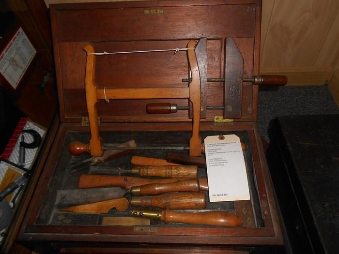 Used 8283-385 ANTIQUE WOODWORKERS WOOD TOOL BOX WITH TOOLS