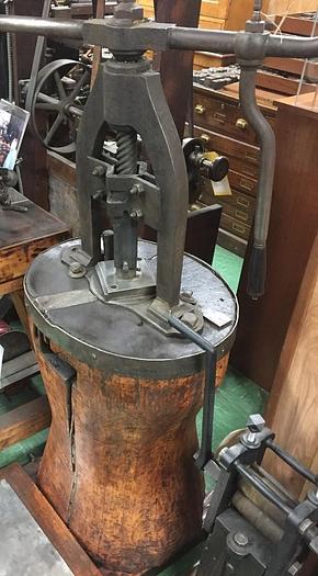 Used 2644-385 Antique Rare Hand Operated Screw/Fly Press with Round Wood Base Circa 1880