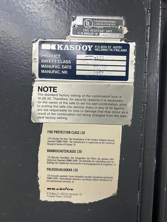 Used Kaso TL30 Treasury Safe Model TKK-250, with Key & Combination