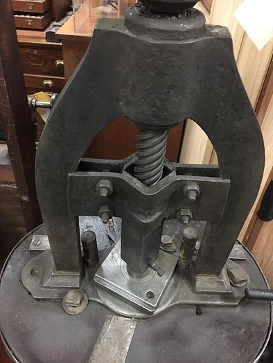 Used 2644-385 Antique Rare Hand Operated Screw/Fly Press with Round Wood Base Circa 1880