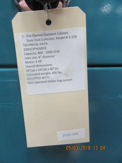Used 2530-550 Dustvent Cabinet Style Dust Collector, Model # 3-150