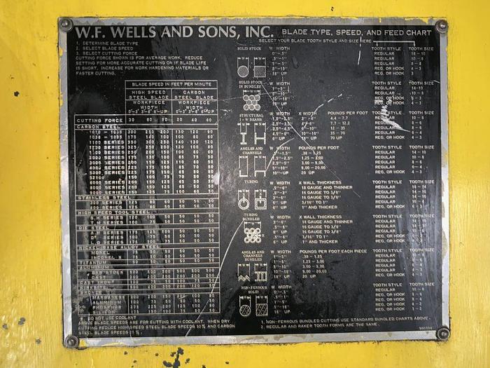 Used 4466-600 W.F. Wells 9″ x 18″ W-9 Double Column Horizontal Band Saw / Series 1- Hydraulic Control