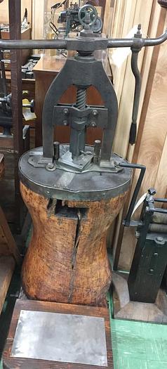 Used 2644-385 Antique Rare Hand Operated Screw/Fly Press with Round Wood Base Circa 1880