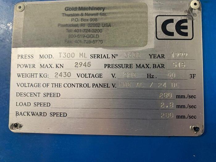 Used LMS Locatelli Meccanica 300 Ton, Series B T300ML Hydraulic Coining Press for Coins, Medals, Medallions & More