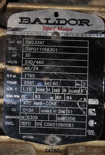 Used Baldor EM2334T Ac Motor, 20Hp, 1765 Rpm, 230/460V, 60Hz, 1.15 Sf, Fr 256T, Code H, Design B, Class F, 93% Efficiency, 84% Pf, Drive End Bearing 6309, Opp End 6208 #24780