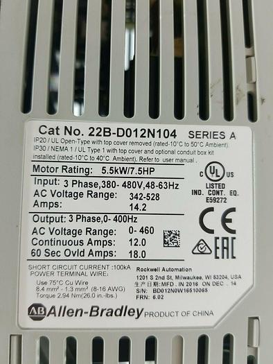 Used Allen-Bradley 22B-D012N104 7.5 HP Powerflex 40 Ser. A