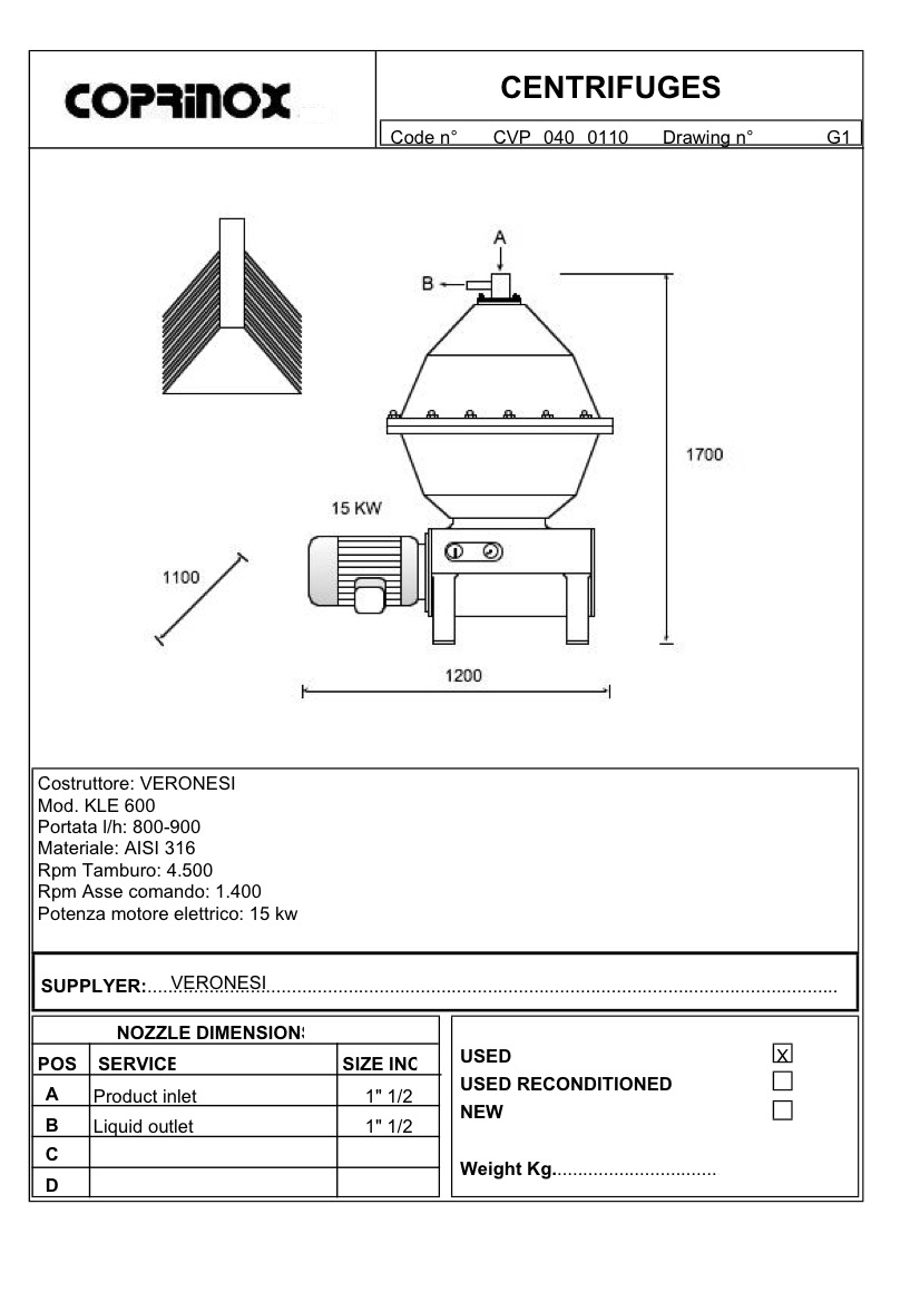 Usato Centrifuga a dischi Veronesi KLE600