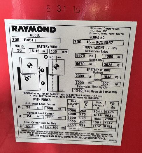Used 2016 Raymond 750-R45TT