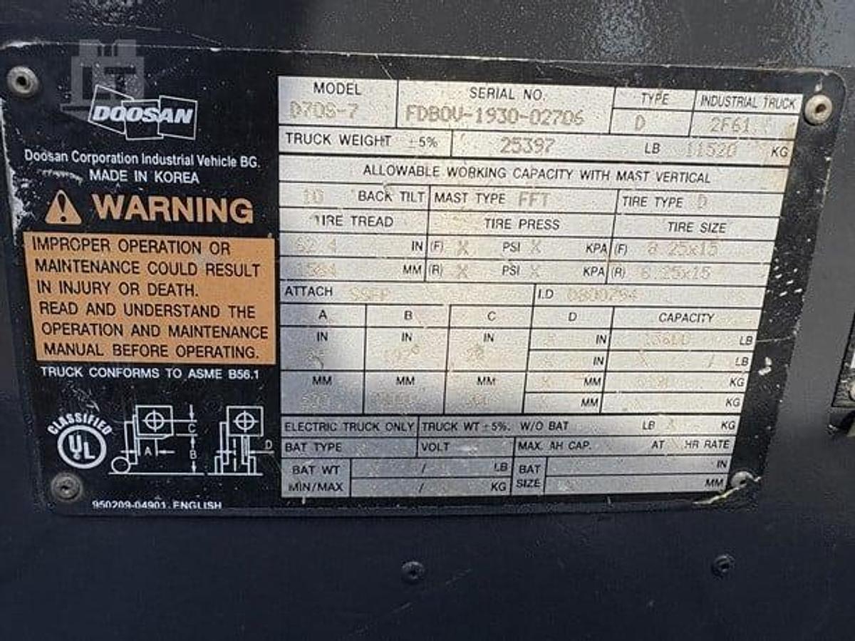 Used 2020 DOOSAN D70S-7 -  15,500 Lbs. CAPACITY