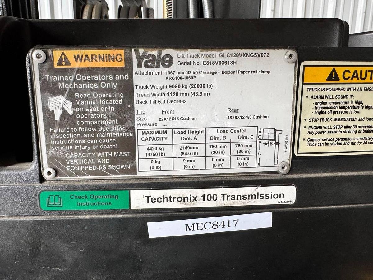 Used 2015 YALE GLC120VX W/ PAPER ROLL CLAMP